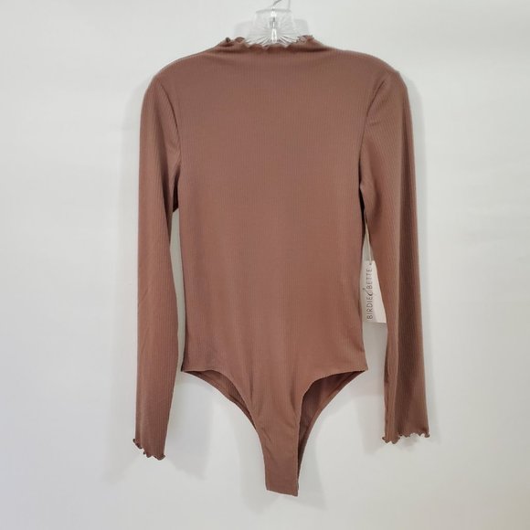 NWT Birdie & Bette Bodysuit Long Sleeve Ruffle Mock Neck & Dolman Sleeve Brown M - Picture 1 of 6